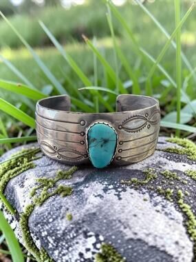 Vintage Navajo Silver Turquoise Wide Cuff Bracelet Signed JB